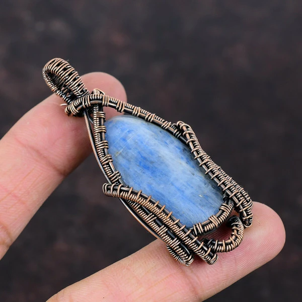 Kyanite Oval Blue Handmade Copper Wire Wrapped Pendant