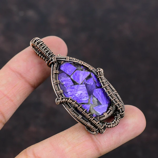 Copper Charoite Oval Purple Handmade Copper Wire Wrapped Pendant