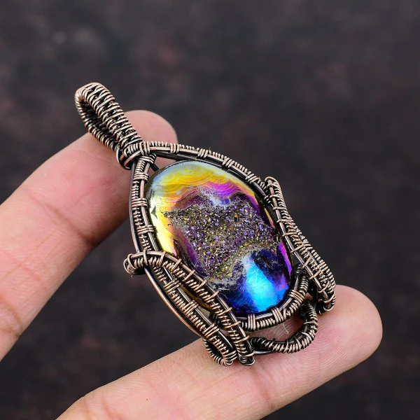 Titanium Druzy Oval Blue Handmade Copper Wire Wrapped Pendant