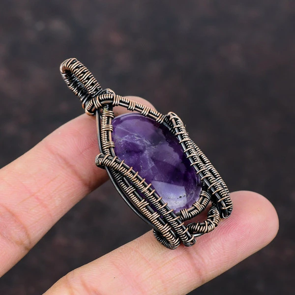 Star Amethyst Oval Purple Handmade Copper Wire Wrapped Pendant