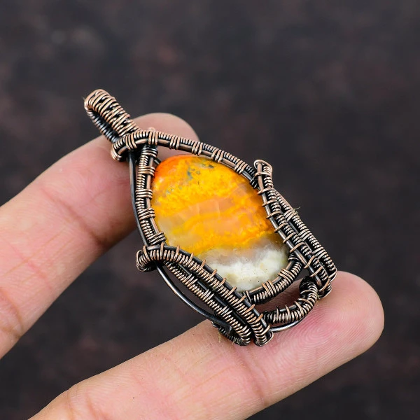 Bumble Bee Jasper Oval Yellow Handmade Copper Wire Wrapped Pendant