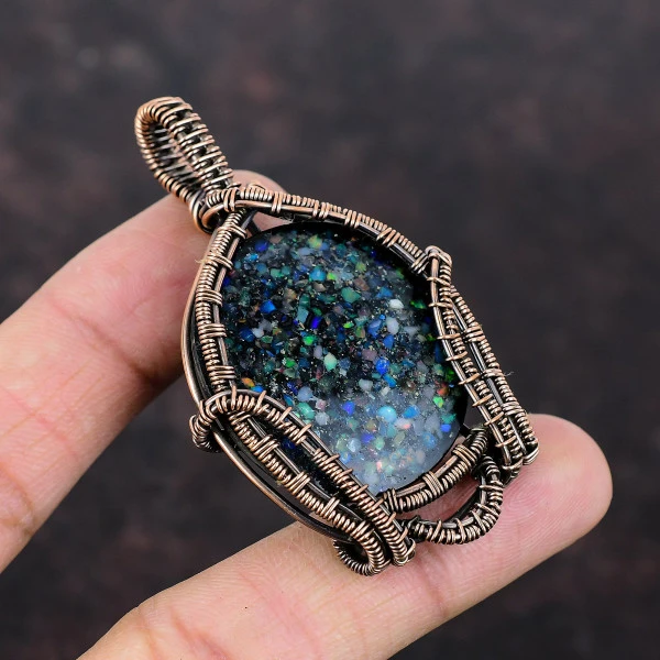 Black Ethiopian Opal Oval Black Handmade Copper Wire Wrapped Pendant
