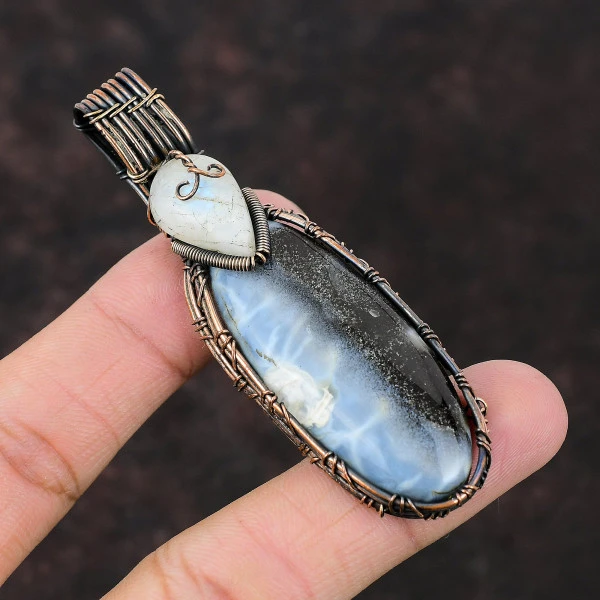 Owyhee Blue Opal Oval Blue Handmade Copper Wire Wrapped Pendant