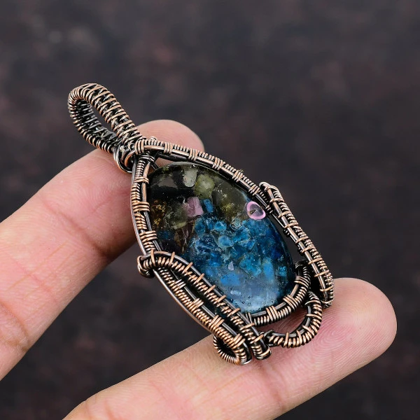 Watermelon Tourmaline Oval Blue Handmade Copper Wire Wrapped Pendant
