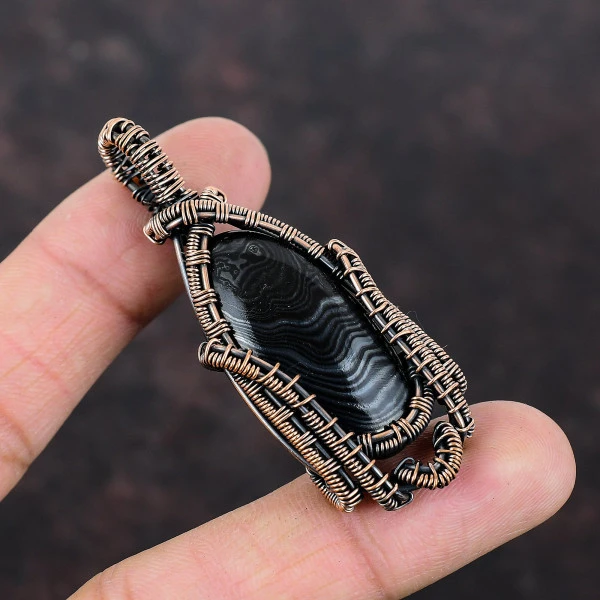 Psilomelane Oval Black Handmade Copper Wire Wrapped Pendant