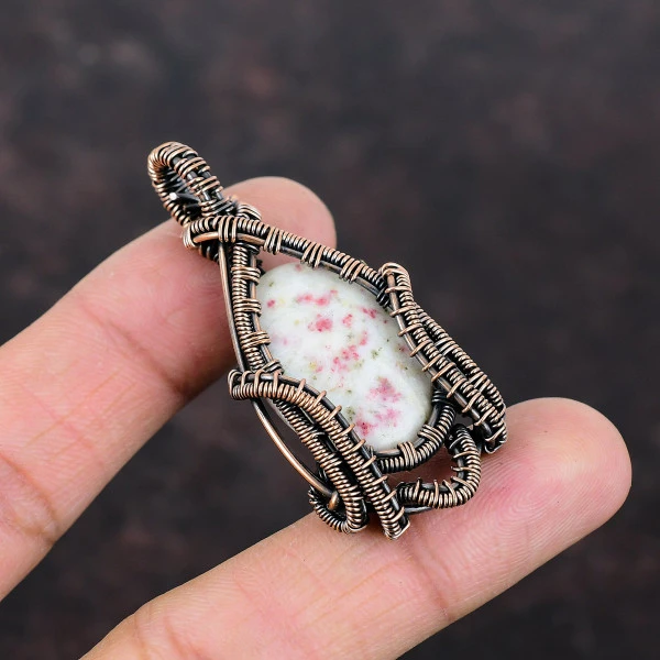 Cinnabar Oval White Handmade Copper Wire Wrapped Pendant