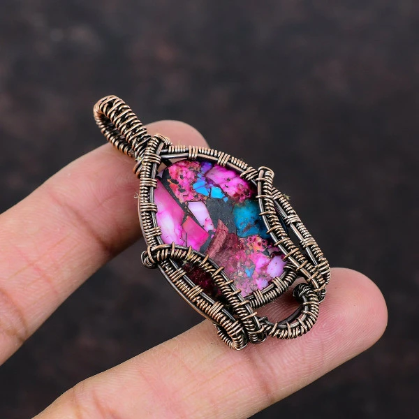 Natural Kingman Pink Dahlia Turquoise Oval Pink Handmade Copper Wire Wrapped Pendant