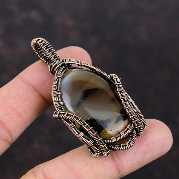 Montana Agate Oval Brown Handmade Copper Wire Wrapped Pendant
