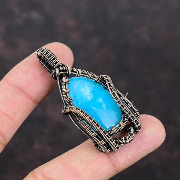 Smithsonite Oval Blue Handmade Copper Wire Wrapped Pendant