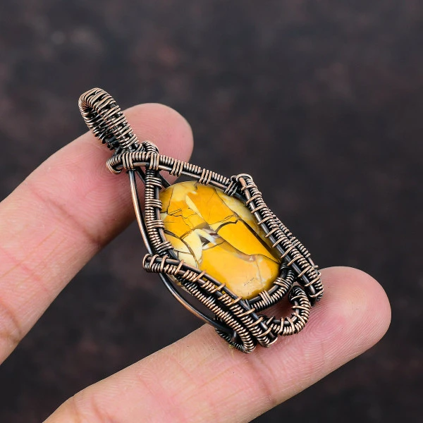Brecciated Mookaite Oval Yellow Handmade Copper Wire Wrapped Pendant