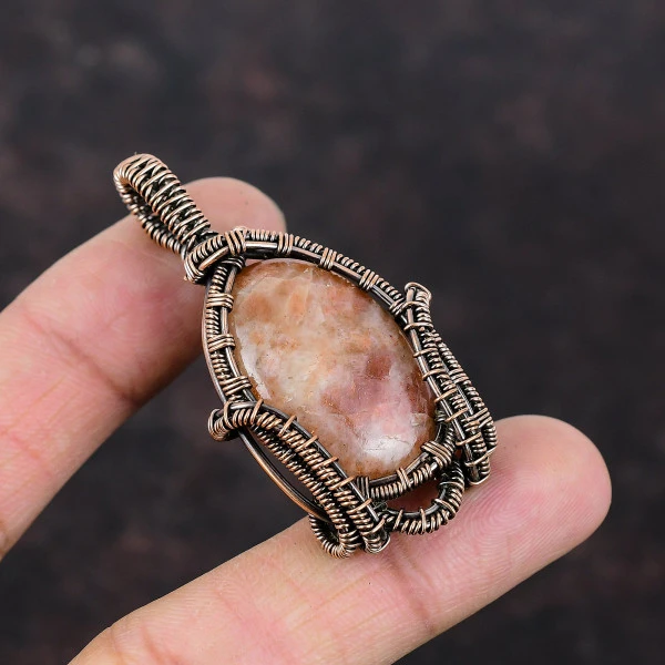 Sunstone Oval Orange Handmade Copper Wire Wrapped Pendant