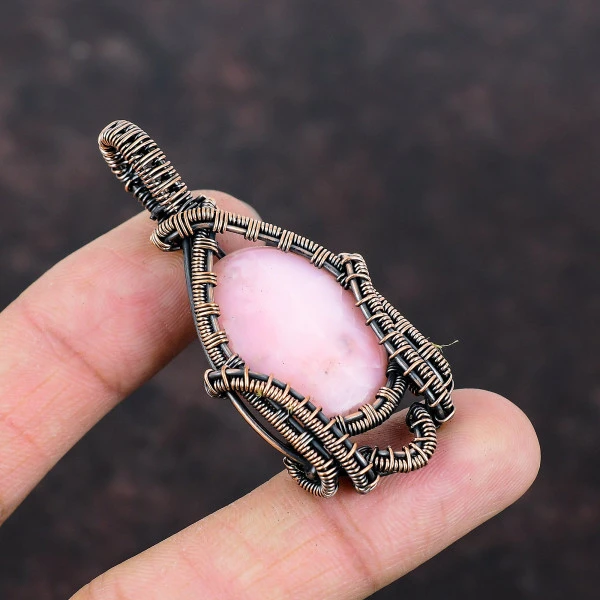 Pink Opal Oval Pink Handmade Copper Wire Wrapped Pendant