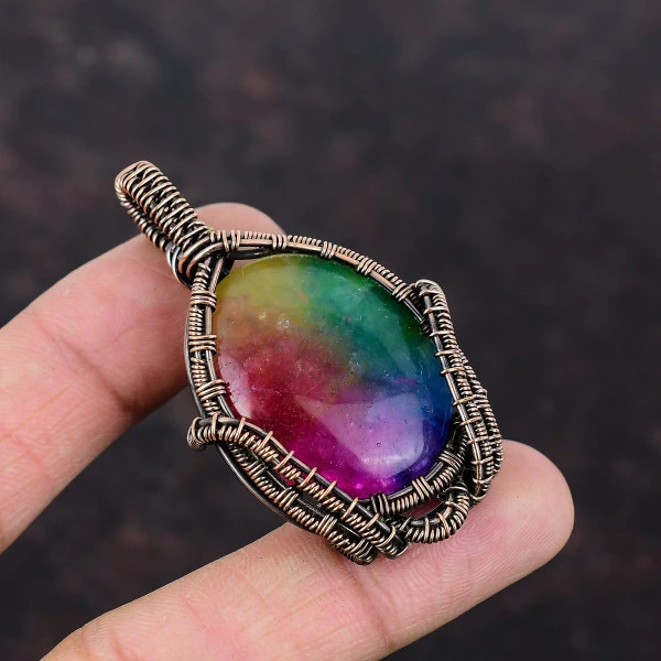 Rainbow Solar Quartz Druzy Oval Pink Handmade Copper Wire Wrapped Pendant