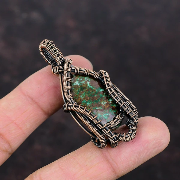 Cuprite Chrysocolla Oval Green Handmade Copper Wire Wrapped Pendant
