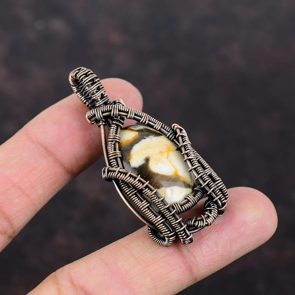 Peanut Wood Jasper Oval Brown Handmade Copper Wire Wrapped Pendant