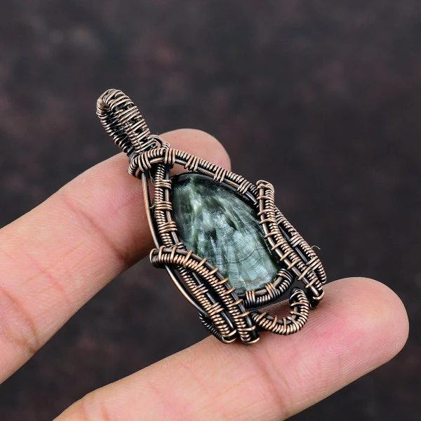 Seraphinite Oval Green Handmade Copper Wire Wrapped Pendant