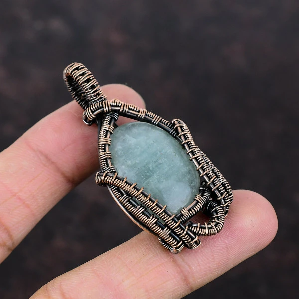 Aquamarine Oval Green Handmade Copper Wire Wrapped Pendant