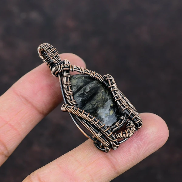 Picasso Jasper Oval Black Handmade Copper Wire Wrapped Pendant