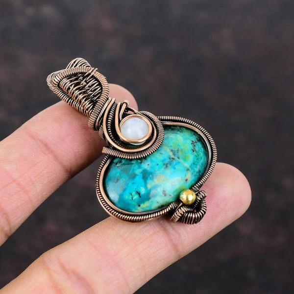 Chrysocolla Oval Green Handmade Copper Wire Wrapped Pendant
