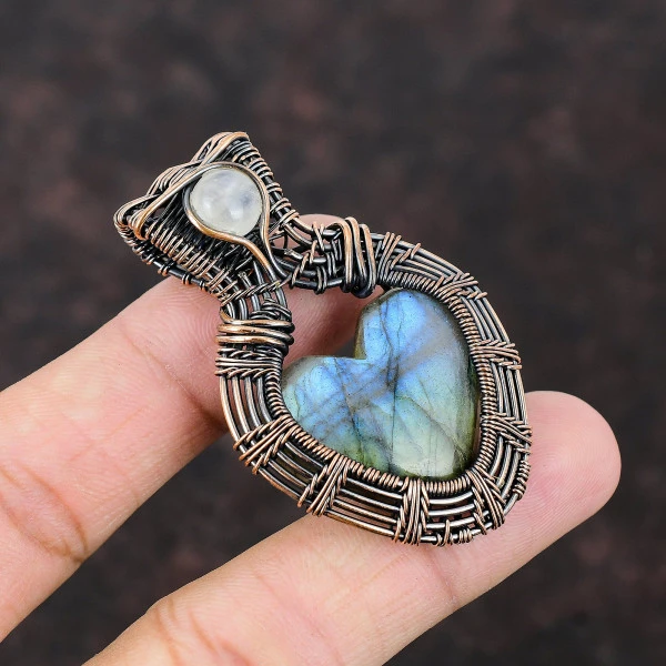 Labradorite Heart Blue Handmade Copper Wire Wrapped Pendant
