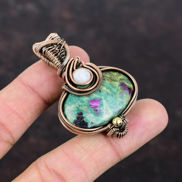 Ruby Fuchsite Oval Green Handmade Copper Wire Wrapped Pendant