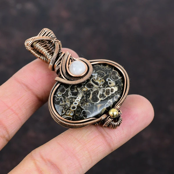Turritella Agate Oval Brown Handmade Copper Wire Wrapped Pendant