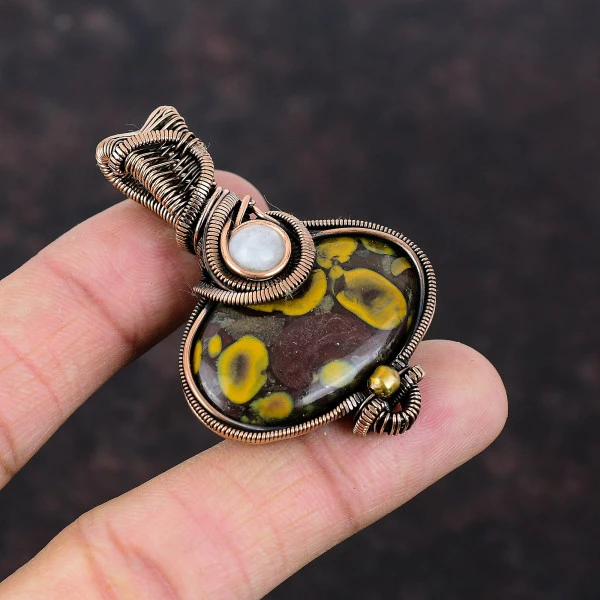 Fruit Jasper Oval Yellow Handmade Copper Wire Wrapped Pendant