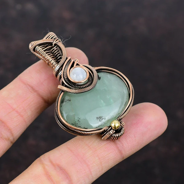 Aquamarine Oval Green Handmade Copper Wire Wrapped Pendant