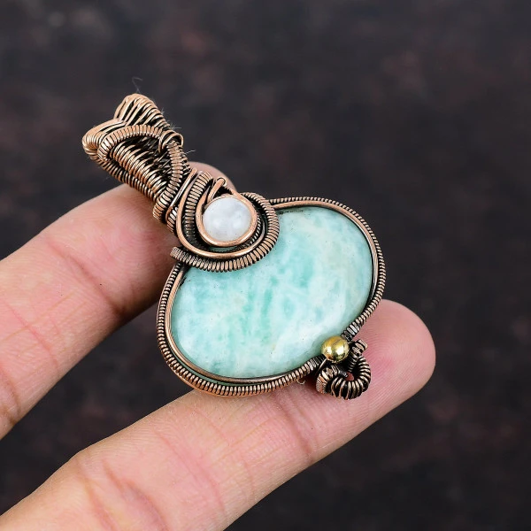 Amazonite Oval Green Handmade Copper Wire Wrapped Pendant