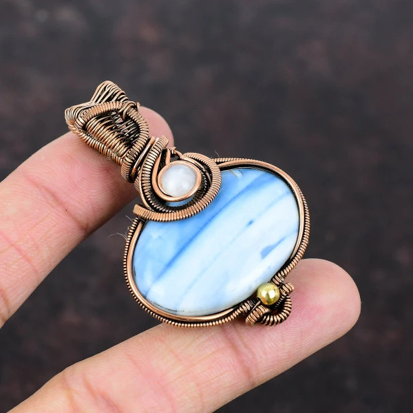 Owyhee Blue Opal Oval Blue Handmade Copper Wire Wrapped Pendant