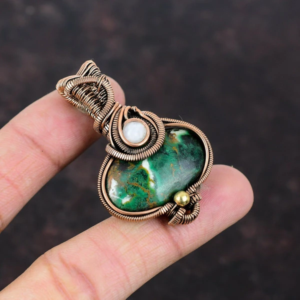 Cuprite Chrysocolla Oval Green Handmade Copper Wire Wrapped Pendant