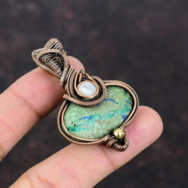 Azurite Malachite Oval Green Handmade Copper Wire Wrapped Pendant