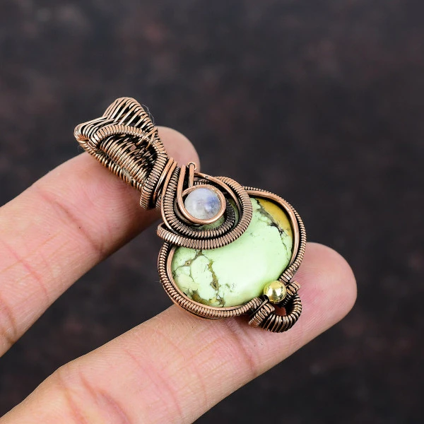Lemon Chrysoprase Oval Green Handmade Copper Wire Wrapped Pendant