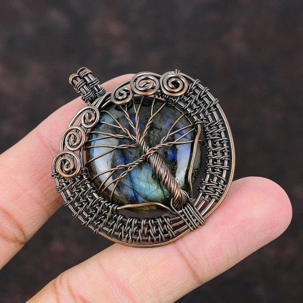 Labradorite Round Gray Handmade Copper Wire Wrapped Pendant