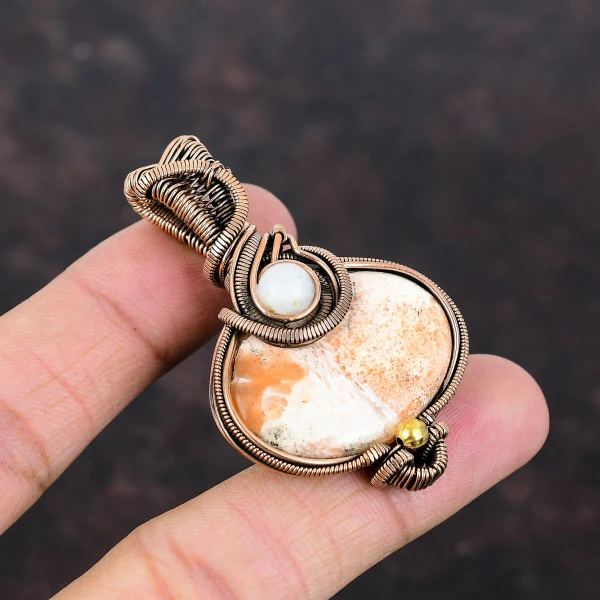 Scolecite Oval Peach Handmade Copper Wire Wrapped Pendant