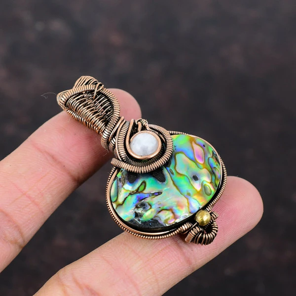 Abalone Shell Oval Green Handmade Copper Wire Wrapped Pendant