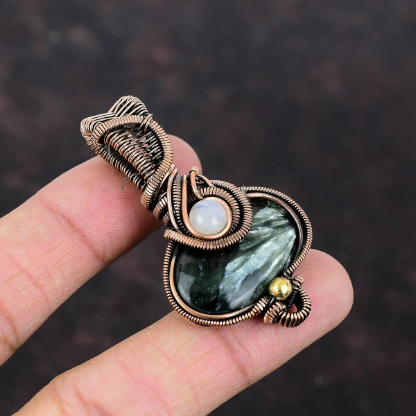 Seraphinite Oval Green Handmade Copper Wire Wrapped Pendant