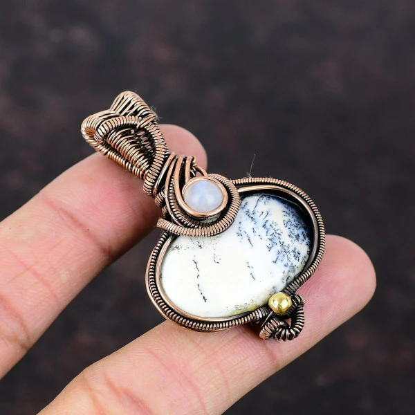 Dendrite Opal Oval White Handmade Copper Wire Wrapped Pendant