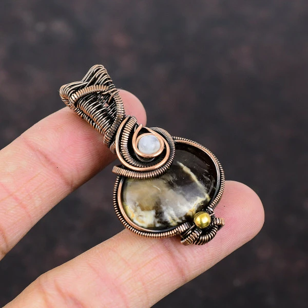 Peanut Wood Jasper Oval Brown Handmade Copper Wire Wrapped Pendant