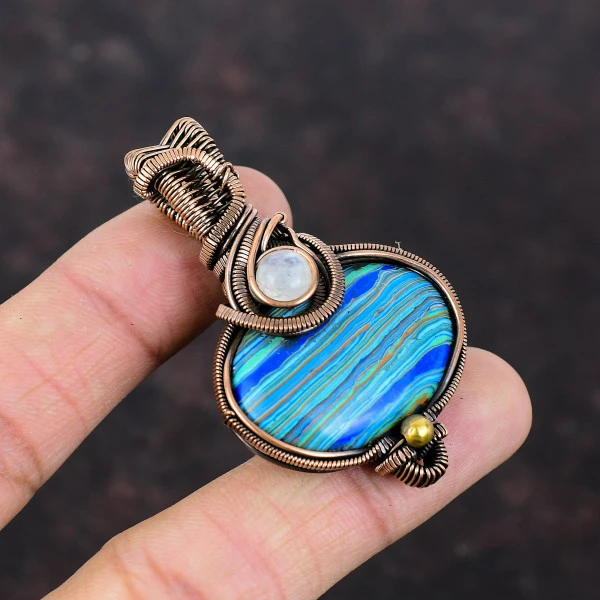 Rainbow Calsilica Oval Blue Handmade Copper Wire Wrapped Pendant