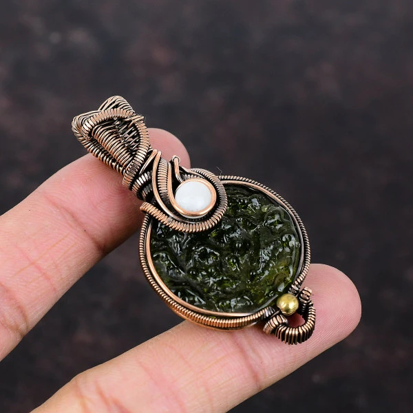 Moldavite Round Green Handmade Copper Wire Wrapped Pendant