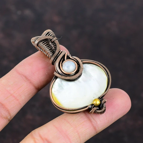 Mother Of Pearl Oval White Handmade Copper Wire Wrapped Pendant
