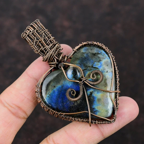 Labradorite Heart Blue Handmade Copper Wire Wrapped Pendant