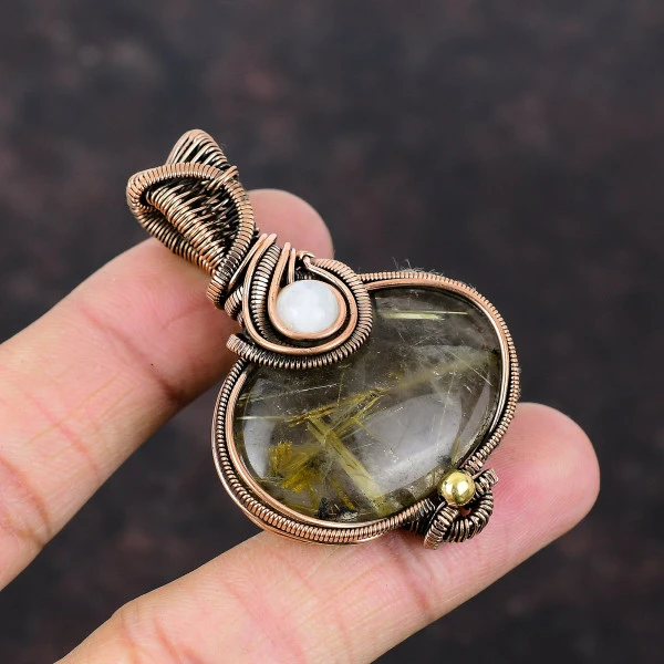 Golden Rutile Oval Yellow Handmade Copper Wire Wrapped Pendant