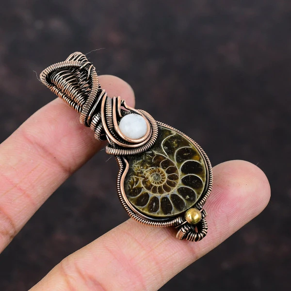 Ammonite Fossil Pear Brown Handmade Copper Wire Wrapped Pendant