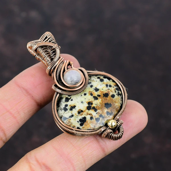 Dalmatian Jasper Oval Black Handmade Copper Wire Wrapped Pendant