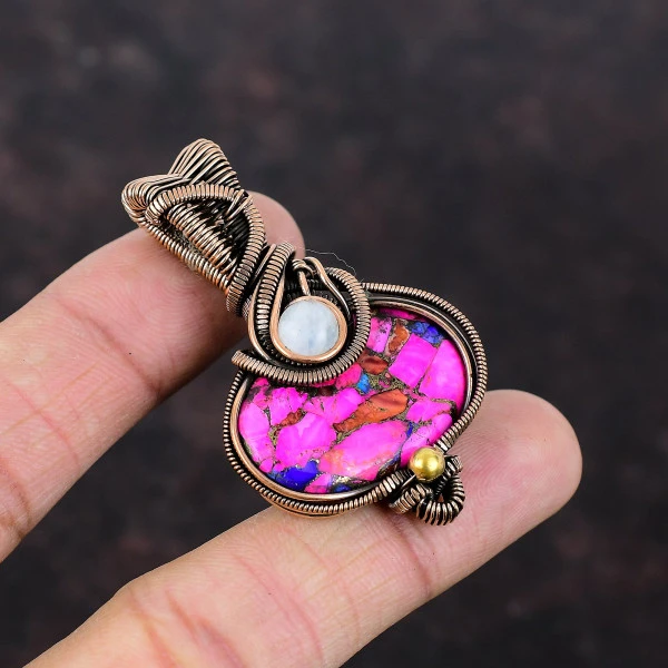 Natural Kingman Pink Dahlia Turquoise Oval Pink Handmade Copper Wire Wrapped Pendant