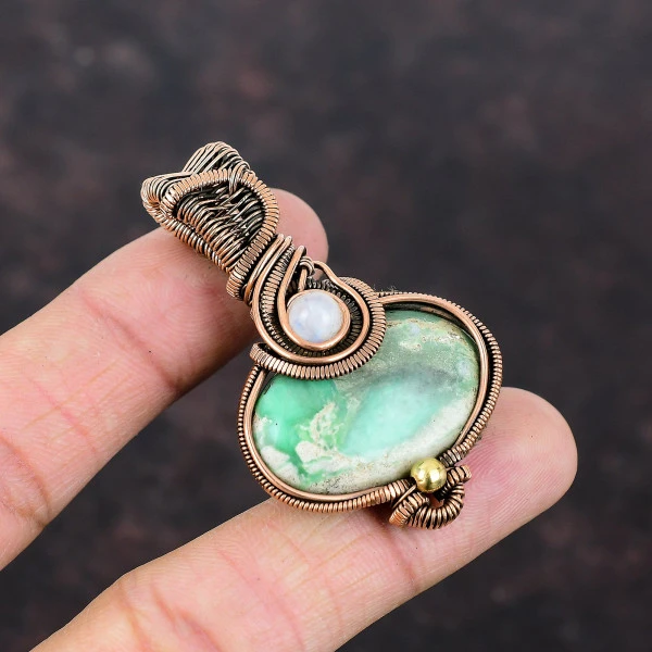Variscite Oval Green Handmade Copper Wire Wrapped Pendant