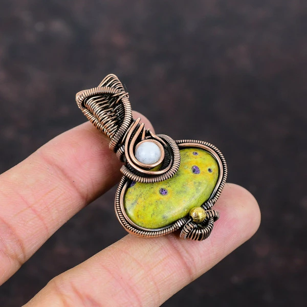 Stichtite Oval Green Handmade Copper Wire Wrapped Pendant