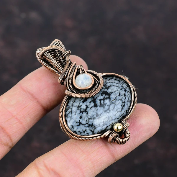 Snowflake Obsidian Oval Black Handmade Copper Wire Wrapped Pendant
